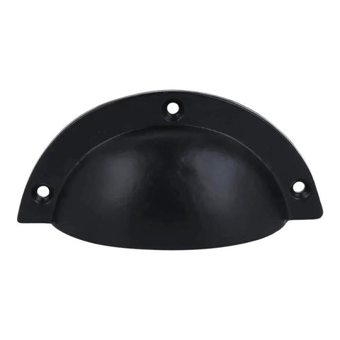 Set Of 10 Cast Iron Cup Drawer Pulls With Black Coated Finish for cabinets, shown in close-up view with 3.25-inch cup diameter.