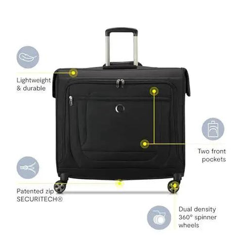 Front view of Level Up Your Travel With A Lightweight DuraTec Rolling Garment Bag featuring spinner wheels and front pockets, ideal for Delsey Paris Helium DLX.
