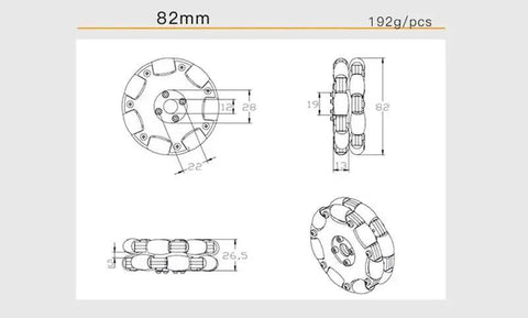 Technical diagram of Omni Directional Wheel Set 58mm And 82mm Plastic Aluminum Alloy Construction for robotics and platforms.