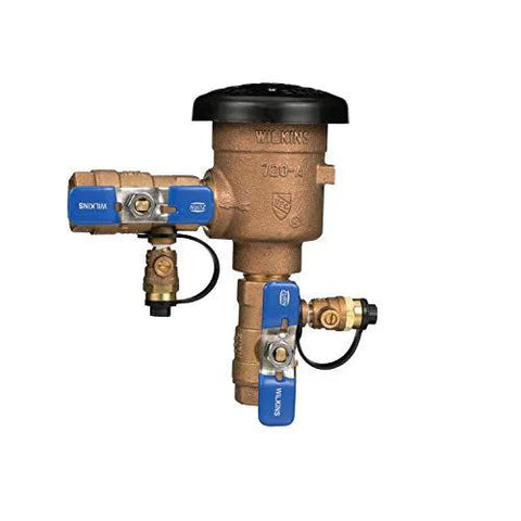 Zurn Wilkins 1-720A 1 in pressure vacuum breaker assembly, brass body with blue lever valves and black cap