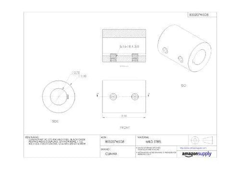 Climax RC-075-KW rigid coupling, mild steel, 3/4 bore, 1-1/2 OD, 2 in long, 5/16-18x3/8 set screws; drawing.