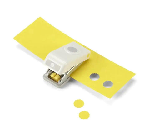 Half Inch Scalloped Edge Circle Punch for Card Making and Scrapbooking cutting yellow paper; easy and precise craft tool.