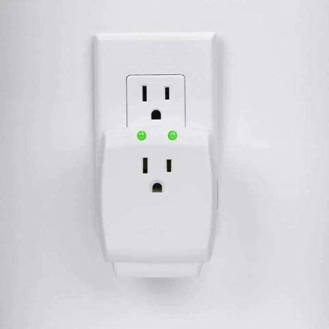 Compact Single Outlet Surge Protector Wall Tap With Grounded Outlet And Protected Light Indicators installed on wall