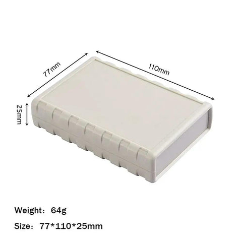 Desktop Instrument Box Enclosure Made From Tough ABS Plastic For DIY Electronics Control Panels DIY Friendly Junction Box 77 X 111.5 X 25.5 mm White Compact Rugged Desktop Case For Projects with dimensions visible.