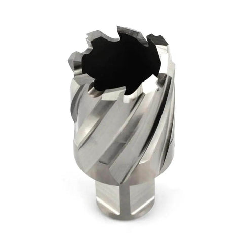 One And One Quarter Inch Annular Cutter For Magnetic Drill Press With Three Quarter Inch Weldon Shank Two Flats And Pilot Pin Cutting Diameter One And Quarter Inch Depth Of Cut One Inch Delivers Up To Ten Times Faster Holes In Steel OSCARBIDE, steel cutter shown from front angle