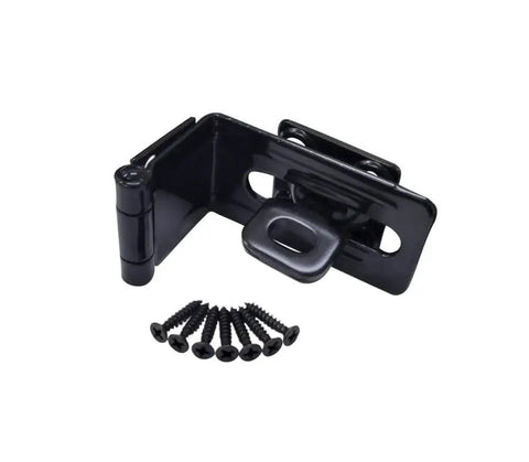 90 Degree Hasp And Swivel Staple For Sliding Doors Steel Black 4-1/2 Inch shown with mounting screws
