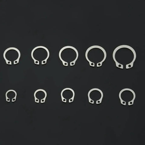 Stainless Steel Retaining Circlips Set 100 Pcs M8 M9 M10 Internal External Snap Rings Kit For Mechanics And DIYers Gear Up With This Heavy Duty Assortment Of Internal And External Rings displayed on black background.