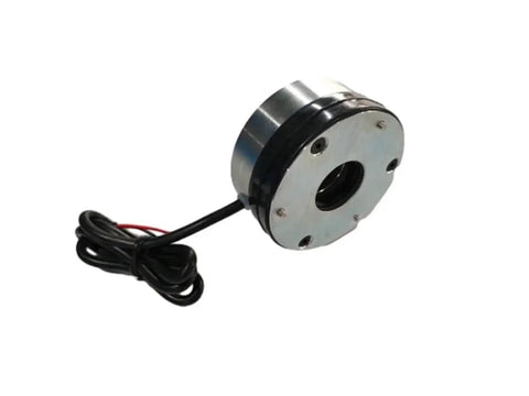 Electromagnetic brake for forklift handling equipment, round metal housing with mounting holes and attached wiring (front view)