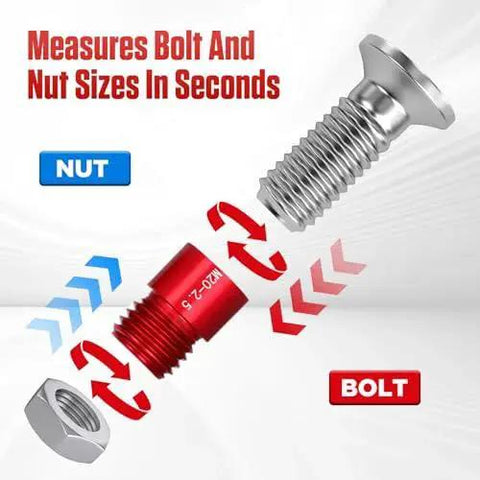 Diagram showing Detachable Thread Checker Set For Nuts And Bolts With 48 Pieces, Imperial 25 Inch and Metric 23 Size Finder in use.