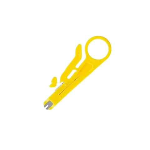 Yellow tool from Professional Grade Cat5 Network Cabling Repair Tools And Battery Tester Kit 5 Piece Blue Box Set for network maintenance.