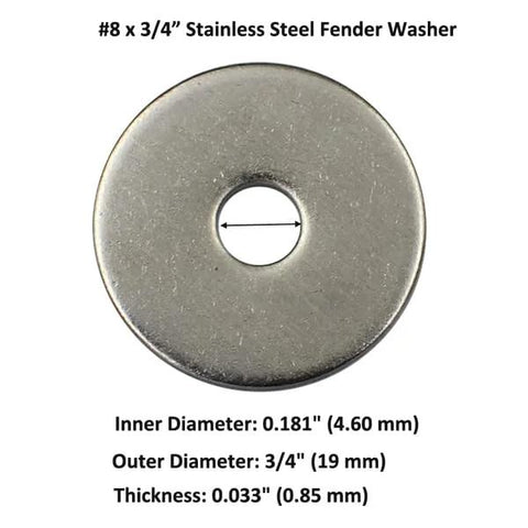 Stainless steel fender washer, #8 x 3/4 in, outer Ø3/4 in, inner Ø0.181 in, thickness 0.033 in