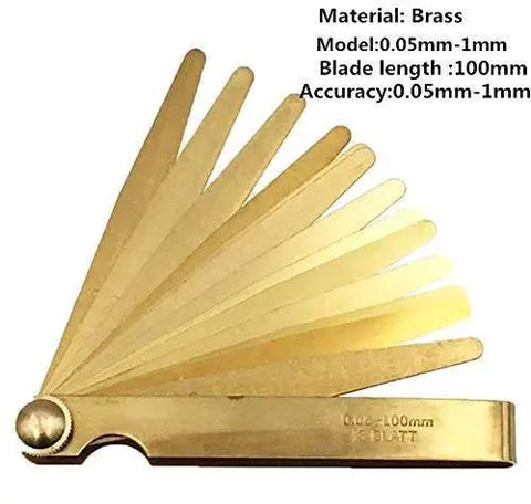 Brass Feeler Gauge Set 0.03 To 1.0 Mm High Precision Clearance Gauge Non Magnetic Copper Feelers with multiple blades spread out.