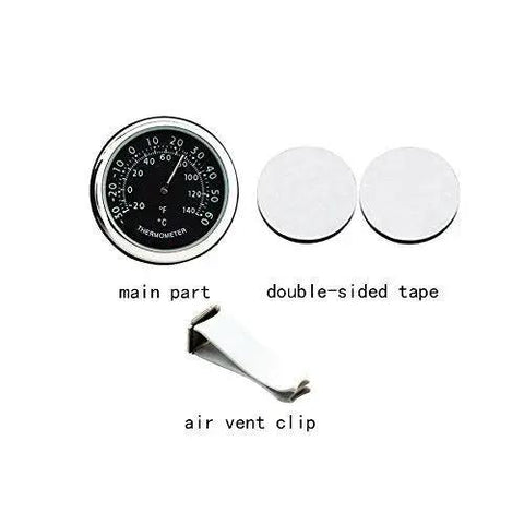 Mini Car Dashboard Thermometer Clip For Air Vent With Night Glow showing main part, double-sided tape, and air vent clip.