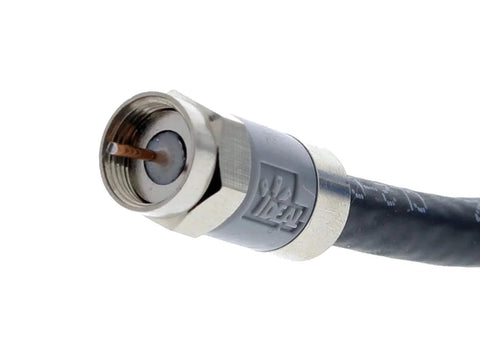 Close-up of RG-6 cable with Nickel Push On F Connectors 4 Pack Ideal Industries TLC Design No Compression Tool Required For All Cable And Satellite