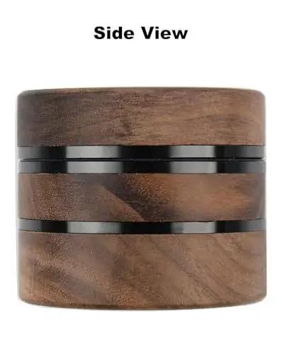 Side view of Walnut Wood 2.5 Inch 3 Piece Spice Grinder With Aluminum Chamber Magnetic Lid Raised Storage Base No Screen