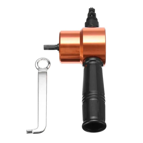 Power Drill Nibbler Attachment For Metal Sheets With Double Head And 360 Degree Adjustable Operation, orange, side view with wrench