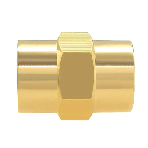 Brass One Eighth Inch NPT Female To Female Hex Coupler Pipe Fittings, side view of durable brass connector for industrial use.