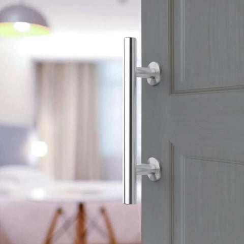 12 Inch Stainless Steel Sliding Barn Door Handle Set With Flush Hardware on door, brushed metal look, installed view