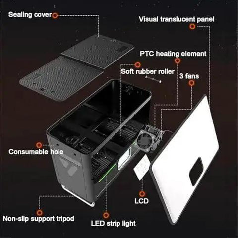 Exploded view of Filament Dryer Box For 3D Printers With Auto Humidity Control, Holds Four 1Kg Spools, showing components and features.