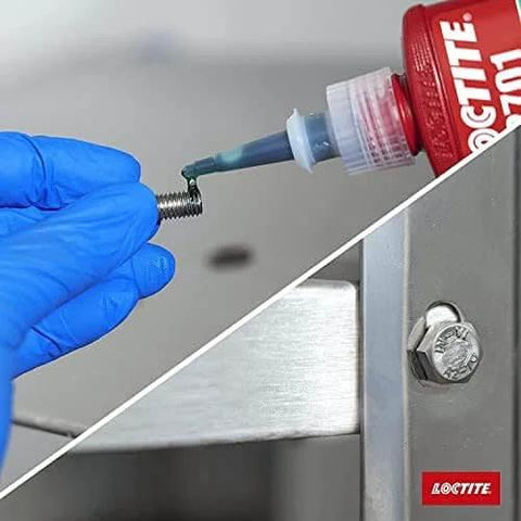 Applying 2701 Maximum Strength Threadlocker Adhesive, Green Low Viscosity Sealant for Threads, 50 Ml to metal fastener, close-up view.