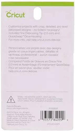 Back view of packaging for Fine Debossing Tip with QuickSwap Housing for Cricut Maker, including product details and barcode.