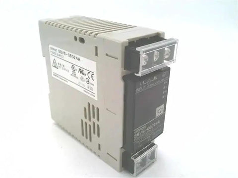 Side view of S8VS 06024A 100 To 240 VAC Input 24 VDC Output 60 W Switch Mode Power Supply with screw terminal block.