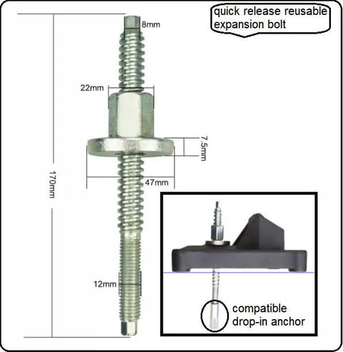 Beefy Heavy Duty Quick Release Core Drill Stand Anchor Bolt Set With Nut Reusable Expansion Bolt M12 Threaded Bolt shown