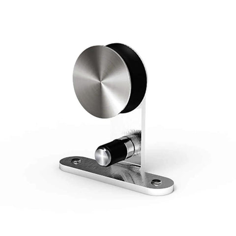 Close-up of stainless steel component from 7 Foot Stainless Steel Sliding Door Hardware Kit For Single Wooden Door Top Mount Track System Fits 42 Inch Wide Panels T Style Rail Easy Install Heavy Duty Smooth Quiet Operation Rust Proof And Waterproof