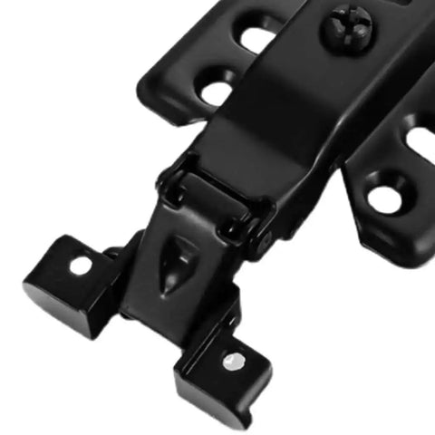 Close-up of Aluminum Frame Glass Door Hinges Set With Hydraulic Damping Buffers for Display Cabinets, showing black hinge detail