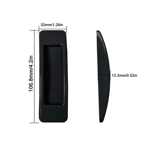 Black plastic Self Stick Instant Cabinet Drawer Handle with side and front view, showing dimensions for easy opening on smooth surfaces.