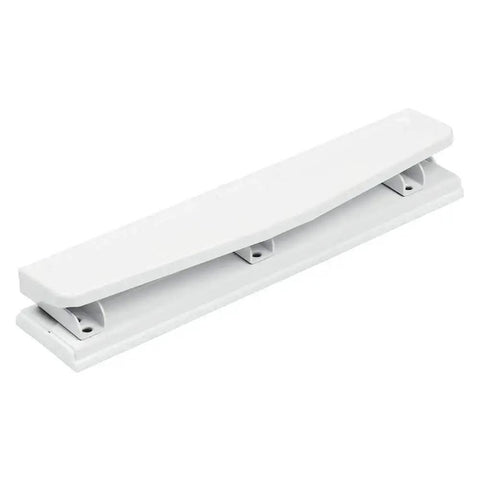 Metal 3 Hole Punch For White Paper, 10 Sheet Capacity, Built Tough Desk Side Workhorse shown in a side angle view