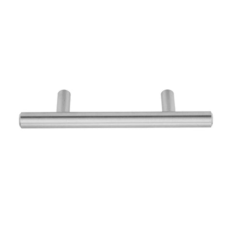 Euro Bar Cabinet Handle Satin Nickel Finish Five And Three Eighths Inch Long With Three Inch Center To Center Holes, front view
