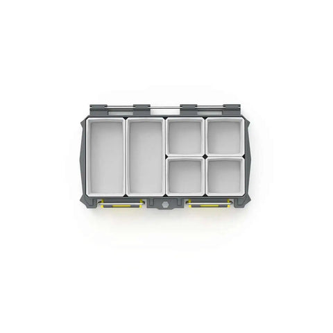 Top view of Modular Tackle Box With HEXLOK Grid System Waterproof Gasket Rust Prevention And Industrial Strength Build, grey and yellow.