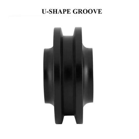 Side view of black pulley showing U-shape groove for Two Pack Heavy Duty Cabinet And Window Pulley Roller Hardware Kit For Smooth Quiet Sliding Doors With Zinc Alloy And Nylon Wheels Reduces Noise And Prevents Door Swing, Stable Balance, Ideal For DIY Barn Doors And Cabinets.