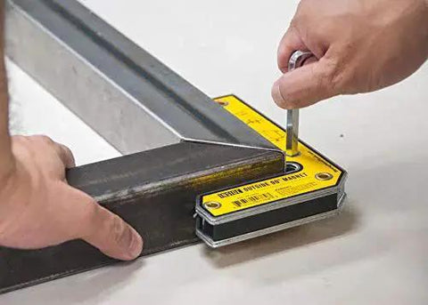 Built Tough Angle Magnetic Square Kit With Inside And Outside Magnets For Fixing 90 Degree Angles Includes 30 And 60 Degree Settings Ideal Welding Square For Metalworking 3 Inch And 5 Inch Lengths Strong 20 And 33 Lbs Magnetic Pull MLDT350 in use for welding metal