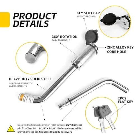 Beefy Universal Hitch Receiver Lock With One Half Inch And Five Eighths Inch Pins Anti Theft Trailer Lock For Class I To V Receivers Press To Lock Technology Chrome Finish Heavy Duty Carbon Steel Includes Two Keys showing detailed features and design.