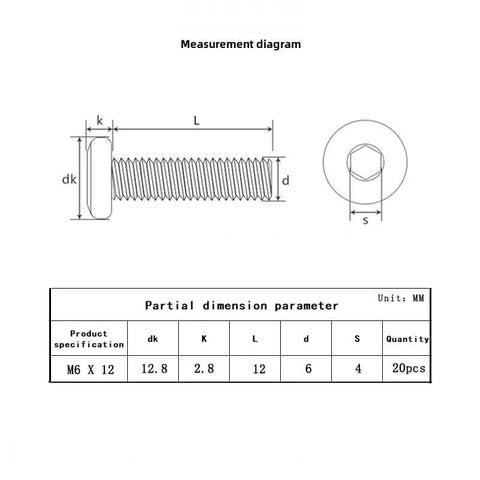 Measurement diagram of Beefy M6 Hex Socket Flat Head Screws 12mm Long With 1mm Pitch 4mm Allen Drive 304 Stainless Steel