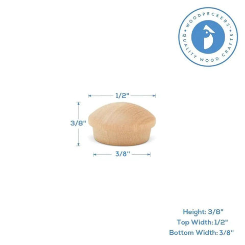 Three Eighth Inch Maple Wood Hole Plugs Pack Of 100 Button Top Plugs dimensions diagram with tapered fit for professional finish.
