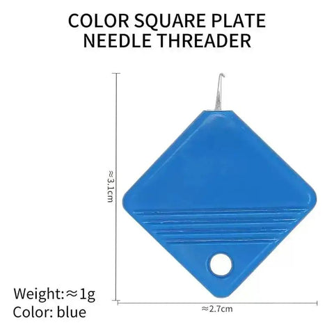 Blue color square needle threader with dimensions, part of 12 Pack Automatic Needle Threaders for Hand and Machine Sewing.