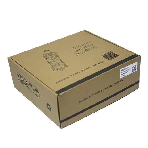 Angled front view of Q200 Industrial Wireless Crane Remote Control kit box with remote illustration.