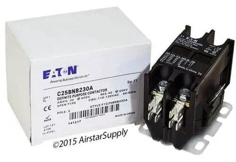Two Pole 30 Amp 120 Volt Coil Contactor with encased dustproof design and universal mounting plate next to packaging box.