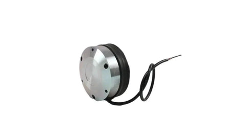 Electro-magnetic forklift brake, round silver metal housing with black seal and attached cable.