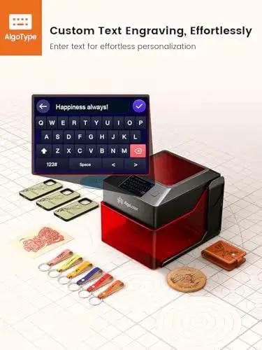 Portable 10W Laser Engraver For Wood Metal Glass With 3.5 Inch Touchscreen And AlgoOS No PC Needed Draw Direct Or Upload Designs Wirelessly Offline Engraving And Cutting By AlgoLaser. Shown with engraving samples and touchscreen interface.
