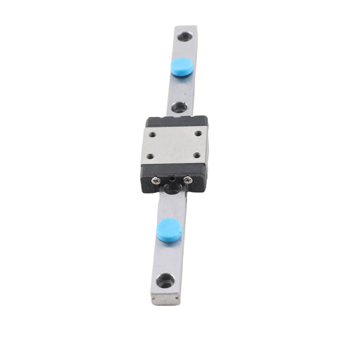 100mm linear rail guide with sliding block; aluminum rail, black carriage with silver top plate and blue end caps