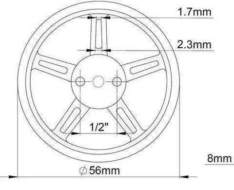 Front view schematic of a 56mm RC tire wheel for FS90R micro servo motor.