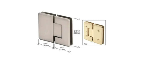 Cologne 180 Series Glass To Glass Hinge Satin Nickel Finish 180 Degree Swing; dimensions and rear view included.
