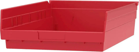 Heavy Duty Plastic Shelf Bins For Garage, Closet, And Drawer Organization, 12 Pack, Red, 18 x 11 x 4 Inches, front view