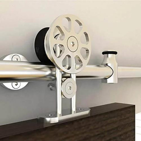 Close-up of wheel and track component of the Fortune Stainless Steel Sliding Barn Door Hardware Kit 10 Ft Track Set For Single Door