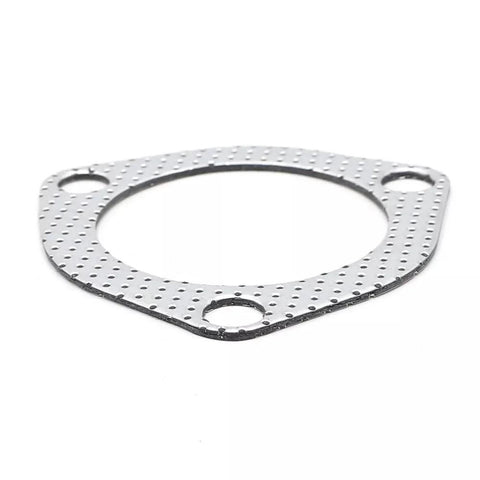 Front view of exhaust gasket, 2.5-inch three-bolt flange, graphite with steel reinforcement, silver perforated metal.