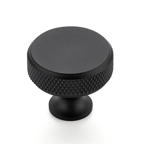 Round Matte Black Knobs And Knurled Single Hole Pulls, solid metal cabinet hardware for drawers and doors, side view